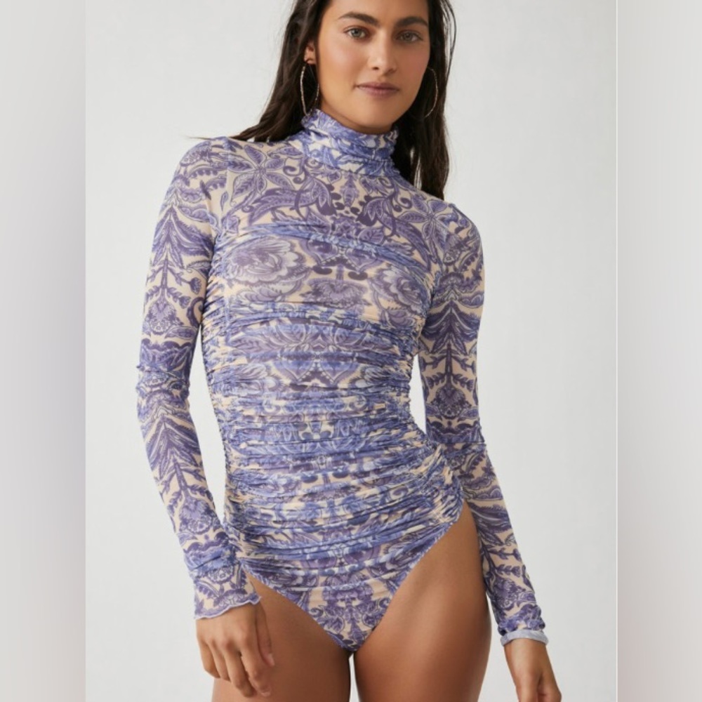 Free People Purple and Cream Patterned Bodysuit